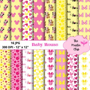 Baby Minnie Mouse Background Digital Papers Pink Yellow Baby Mouse Scrapbook Paper Pattern - Digital Download - Personal & Commercial Use