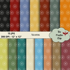 May include: A set of 15 digital paper patterns featuring a repeating atom design in various colors, including black, red, blue, yellow, green, and brown. The text "Atoms" is included in the image.