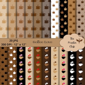 Può includere: Un set di 20 design di carta digitale con motivi di tazze da caffè e cuori. I fogli misurano 30,5 cm per 30,5 cm e hanno una risoluzione di 300 DPI. Il testo "Coffee Love" è incluso nell'immagine.