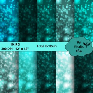Può includere: Dieci sfondi digitali di carta con un effetto bokeh turchese. Ogni sfondo misura 30,48 cm per 30,48 cm e 300 DPI. Il testo "Teal Bokeh" è visibile nell'immagine.