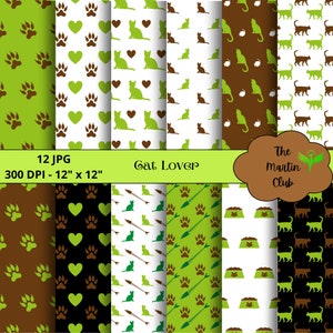 Può includere: Dodici design di carta digitale con vari motivi a tema felino. I motivi includono impronte di zampe, cuori, gatti, frecce e ciotole per il cibo per gatti. I design sono in verde, marrone, nero e bianco.