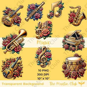 Music Clip Art Musical Instruments with Roses PNG Transparent Background - Digital Download - Personal and Commercial Use
