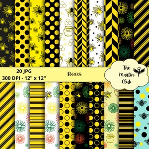 Può includere: Una collezione di 20 carte digitali con motivi a tema api. I disegni includono pois, strisce, motivi a zig-zag e motivi floreali in giallo, nero, bianco e verde. Ogni carta misura 30,48 cm x 30,48 cm. I testi "Bees" e "The Martin Club" sono visibili.