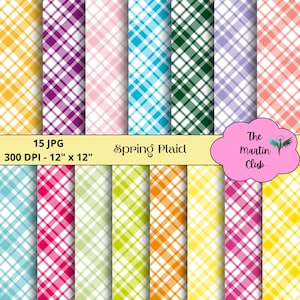 Può includere: Una collezione di 15 file JPG digitali con vari motivi a quadri primaverili. Ogni motivo misura 30,48 cm x 30,48 cm a 300 DPI. I design includono una gamma di colori, come giallo, viola, rosa, blu, verde e arancione. Il testo "Spring Plaid" è visibile.