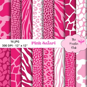 Pink Safari Digital Papers Pink Animal Skin Pattern Scrapbook Paper - Digital Download - Personal & Commercial Use