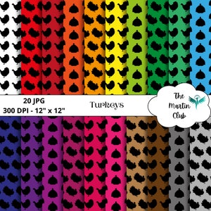 Può includere: Un set di 20 design di carta digitale con silhouette di tacchini neri su sfondi colorati. I fogli sono di 30,48 cm per 30,48 cm e hanno una risoluzione di 300 DPI. Il testo "Turkeys" è visibile nell'immagine.