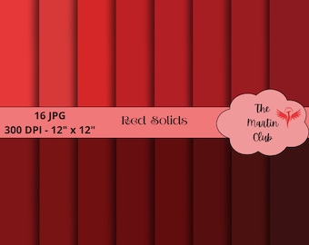 May include: A set of 16 digital paper backgrounds in various shades of red. Each background is 12 inches by 12 inches and 300 DPI. The text "Red Solids" is displayed in the centre of the image.