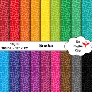 Può includere: Un set di 18 carte digitali con un motivo a pelle di serpente in vari colori. Le carte misurano 30,48 cm per 30,48 cm e hanno una risoluzione di 300 DPI. Il testo "Snake" è visualizzato al centro dell'immagine. Il testo "The Martin Club" è visualizzato in una forma di nuvola nell'angolo in alto a destra dell'immagine.