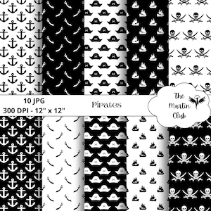 Pirates Background Digital Papers Black White Pirate Scrapbook Paper Pattern - Digital Download - Personal & Commercial Use