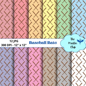 Può includere: Dodici design di carta digitale con un motivo ripetuto di mazze da baseball incrociate su una varietà di sfondi pastello. Il testo "Baseball Bate" e "The Martin Club" è incluso nell'immagine.