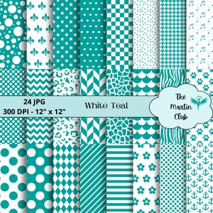 Op de afbeelding: Een set van 24 digitale papierpatronen in wit en teal. De patronen omvatten stippen, sterren, harten, ruitjes, chevron, luipaardprint, giraffenprint, schubben, zebrastrepen, pootjes, ruiten, strepen en bloemen. De papieren zijn 30,5 cm bij 30,5 cm en 300 DPI.