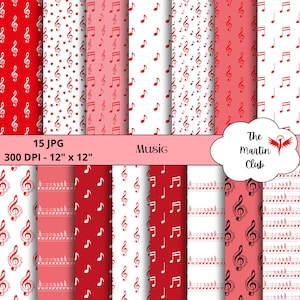 Music Pattern Background Digital Papers Red Music Scrapbook Pattern - Digital Download - Personal & Commercial Use