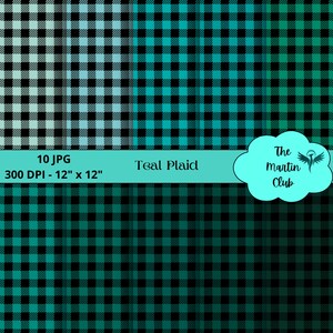 Può includere: Dieci motivi digitali di carta con un design a quadri blu-verde e nero. Ogni motivo misura 30,48 cm per 30,48 cm e 300 DPI. Il testo "Teal Plaid" è visualizzato al centro dell'immagine.