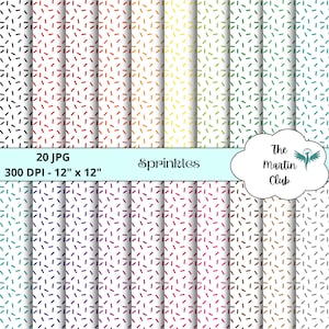 May include: A collection of 20 JPG digital papers, each with a white background and a pattern of colorful sprinkles. The papers are 12" x 12" and 300 DPI. The image includes the text "Sprinkles" and "The Martin Club".