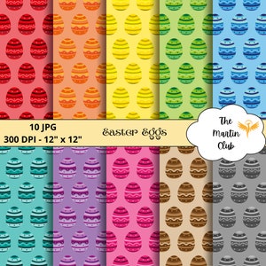 Può includere: Una collezione di dieci modelli digitali di uova di Pasqua in vari colori, ognuno con un design unico. I modelli misurano 30,48 cm x 30,48 cm e includono il testo "Easter Eggs" e "The Martin Club".