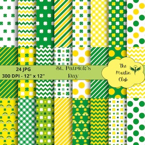 Può includere: Un set di 24 design di carta digitale con temi del giorno di San Patrizio. Le carte includono vari motivi con trifogli, arcobaleni, pois, strisce e chevron in colori verde e giallo. Il testo "St. Patrick's Day" e "The Martin Club" sono inclusi nell'immagine.