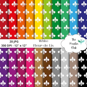 White Fleur De Lis Background Digital Papers Royal Lily Digital Scrapbook Pattern - Digital Download - Personal & Commercial Use
