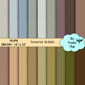 Può includere: Un set di 18 sfondi di carta digitale in colori neutri. I fogli sono di 30,5 cm per 30,5 cm e hanno una risoluzione di 300 DPI. Il testo "Neutral Solids" è visualizzato sull'immagine.