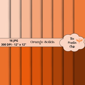 Puede incluir: Un conjunto de 16 fondos de papel digital en varios tonos de naranja. Los papeles son de 30,5 cm por 30,5 cm y 300 DPI. El texto "Orange Solids" se muestra en la parte superior de la imagen.