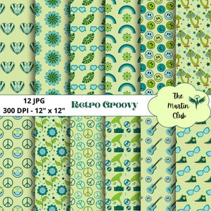 Retro Groovy Background Digital Papers Teal Green Groovy 60' 70' Scrapbook Paper - Digital Download - Personal & Commercial Use