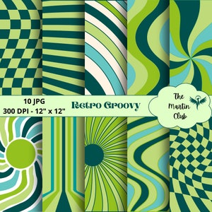 Retro Groovy Background Digital Papers Green Teal Groovy 60' 70' Retro Scrapbook Paper - Digital Download - Personal & Commercial Use