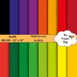 Può includere: Un set di 16 sfondi di carta digitale in colori di Halloween. I colori includono nero, viola, verde, giallo, arancione e rosso. Le carte misurano 30,5 cm per 30,5 cm e 300 DPI. Il testo "Halloween Solids" è incluso nell'immagine.