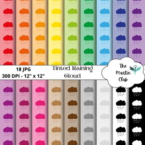 Può includere: 18 design di carta digitale con un motivo ripetuto di una nuvola di pioggia bianca con gocce di pioggia su una varietà di sfondi colorati. Il testo "Tinted Raining Cloud" è incluso nell'immagine.