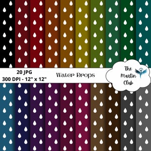 Può includere: Un set di 20 design di carta digitale con motivi di gocce d'acqua bianche su sfondi colorati. I fogli sono di 30,48 cm x 30,48 cm e hanno una risoluzione di 300 DPI.