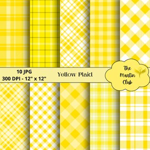 Può includere: Dieci design di carta digitale con motivi a quadri gialli e bianchi. I design misurano 30,48 cm per 30,48 cm e 300 DPI. Il testo "Yellow Plaid" è visualizzato su uno striscione.