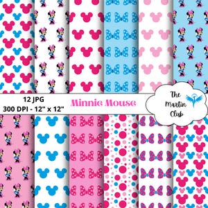 Può includere: Un set di 12 design di carta digitale con Minnie Mouse. I design includono pois rosa e blu, fiocchi e orecchie di Minnie Mouse. Il testo "Minnie Mouse" e "The Martin Club" sono inclusi nell'immagine.