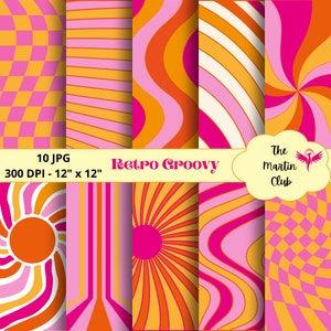 Retro Groovy Background Digital Papers Orange Pink Groovy 60' 70' Retro Scrapbook Paper - Digital Download - Personal & Commercial Use