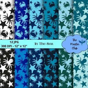 Può includere: Un set di 12 design di carta digitale con un motivo ripetitivo di stelle marine, granchi e polpi blu, blu-verde e neri. Il testo "In The Sea" è incluso nell'immagine.