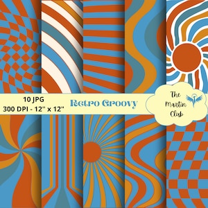 Retro Groovy Background Digital Papers Orange Blue Groovy 60' 70' Retro Scrapbook Paper - Digital Download - Personal & Commercial Use