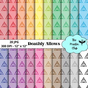 May include: A set of 20 digital paper designs featuring a repeating pattern of the Deathly Hallows symbol in various colors. Each design is 12 inches by 12 inches and 300 DPI.
