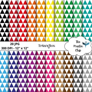 Puede incluir: 20 diseños de papel digital con un patrón repetitivo de triángulos blancos con un triángulo de color en cada espacio. Los colores incluyen negro, rojo, naranja, amarillo, verde, azul, morado, rosa, marrón y gris. El texto "Triangles" está en la parte superior de la imagen. El texto "The Martin Club" está en forma de nube en la parte superior derecha de la imagen. El texto "20 JPG 300 DPI - 12" x 12" está en la parte inferior izquierda de la imagen.