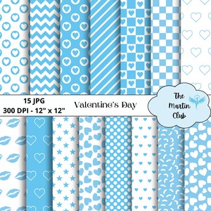 Può includere: Un set di 15 modelli di carta digitale in blu e bianco con vari design tra cui cuori, stelle, pois e strisce. I fogli sono di 30,5 cm per 30,5 cm e 300 DPI. San Valentino.