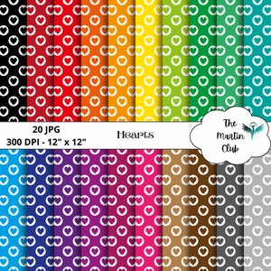 Può includere: Un set di 20 design di carta digitale con cuori bianchi su una varietà di sfondi colorati. I fogli misurano 30,48 cm x 30,48 cm e hanno una risoluzione di 300 DPI. Il testo "Hearts" è visibile nell'immagine.