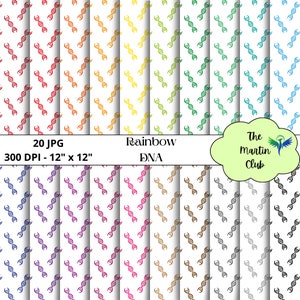 Può includere: Un set di 20 design di carta digitale con un motivo ripetitivo di filamenti di DNA in vari colori dell'arcobaleno. Ogni design misura 30,5 cm per 30,5 cm e 300 DPI.