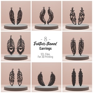 Könnte beinhalten: Darstellung von acht Paaren federförmiger Ohrringe in verschiedenen Designs, präsentiert auf kleinen, runden Podesten. Die Ohrringe sind dunkel und scheinen 3D-gedruckt zu sein. Der Text "- 8 - Feather-themed Earrings STL Files For 3D Printing" ist ebenfalls zu sehen.