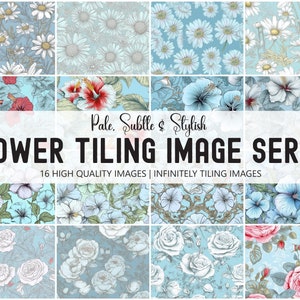 May include: A collection of 16 high-quality, infinitely tiling floral patterns. The patterns feature various flowers in pale colors on a light blue background.  Pale. Subtle & Stylish. FLOWER TILING IMAGE SERIES. 16 HIGH QUALITY IMAGES | INFINITELY TILING IMAGES