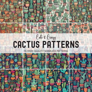 Puede incluir: Un conjunto de 16 patrones digitales sin costuras que presentan ilustraciones de cactus lindas y locas en varios colores y estilos. Los patrones son perfectos para crear diseños únicos para telas, papel tapiz, papel de regalo y más.
