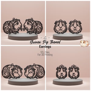 Puede incluir: Cuatro pares de pendientes negros con temática de cobaya se muestran sobre pequeños pedestales redondos. Los pendientes están cortados con láser de un material oscuro, mostrando diseños intrincados. También se ve el texto "- 4 - Guinea Pig Themed Earrings" y "STL Files For 3D Printing".