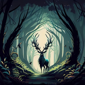 Enchanted Forest Stag Art - SVG & PNG, Vector, Printable Art, High Resolution (3:2 Aspect)