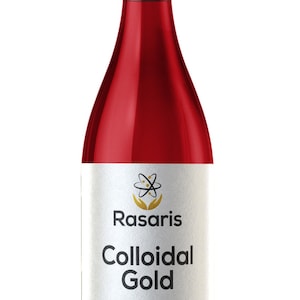 May include: A red glass bottle with a black cap, labeled "Raris Colloidal Gold 150 PPM." The bottle contains a red liquid and is a dietary supplement. The bottle holds 500ml or 17.6 fl oz.