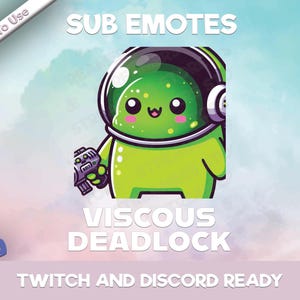 Puede incluir: Un alienígena de dibujos animados verde con casco espacial y pistola láser. El texto dice "SUB EMOTES", "VISCOUS DEADLOCK" y "TWITCH AND DISCORD READY". El fondo es un degradado de azul, rosa y blanco, para Twitch y Discord.