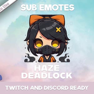 Puede incluir: Una ilustración de dibujos animados de un personaje femenino con cabello negro, que lleva una máscara negra y un lazo naranja, con el texto "SUB EMOTES" arriba y "HAZE DEADLOCK" abajo. El texto "TWITCH AND DISCORD READY" está en la parte inferior de la imagen.