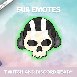 May include: A black and white skull with headphones, outlined in green, with the text "SUB EMOTES" above it and "TWITCH AND DISCORD READY" below it.