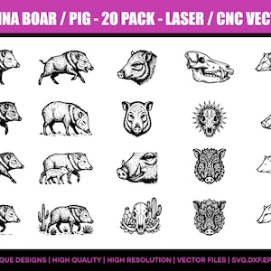 May include: A collection of 20 black and white vector designs featuring javelina boars and pig illustrations. The designs include full body, head, and geometric styles. Text at the top reads "JAVELINA BOAR / PIG - 20 PACK - LASER / CNC VECTORS".