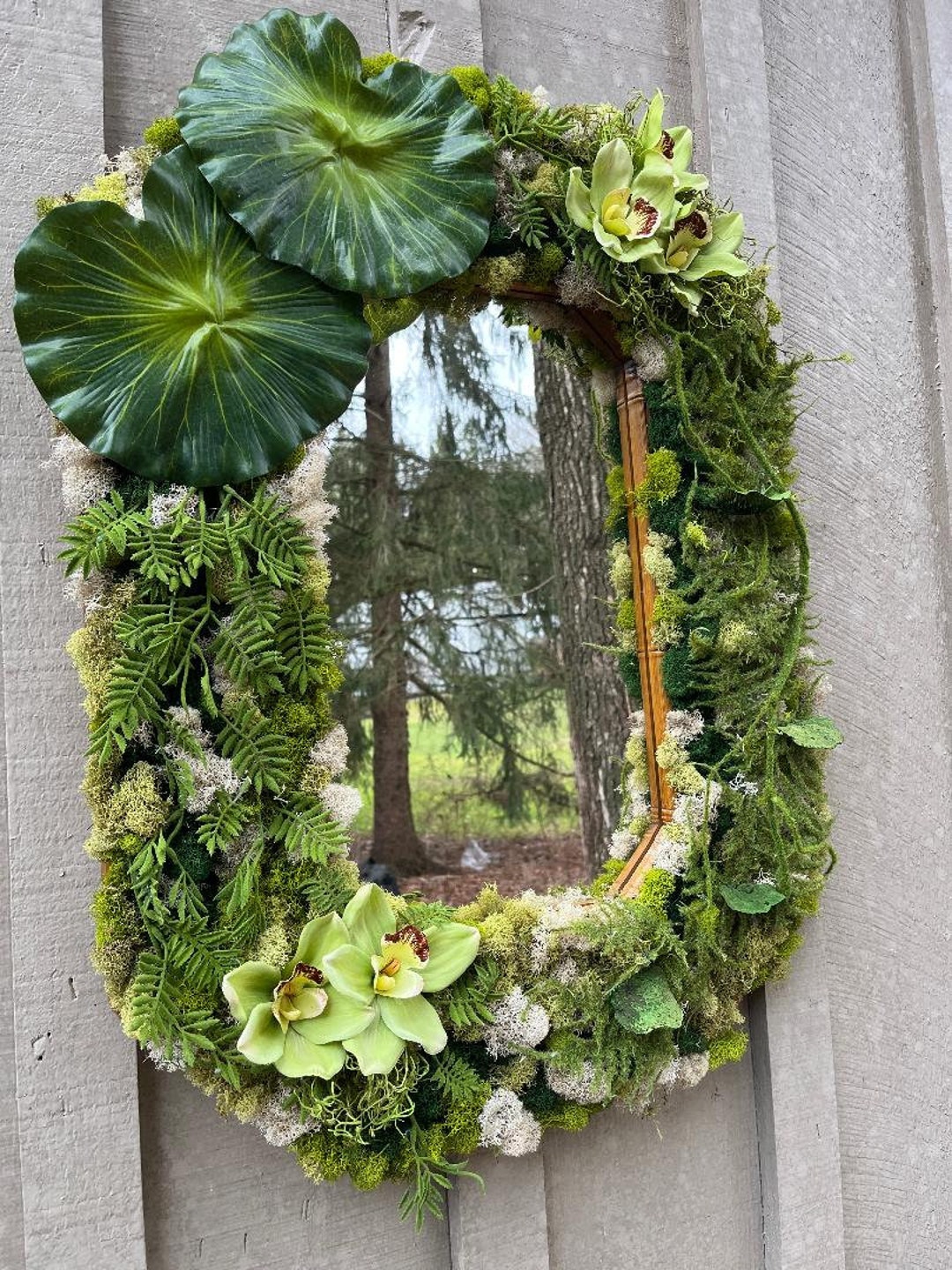 Preserved Moss Art Mirror, Moss Wall Mirror, Moss and Faux Flower Art