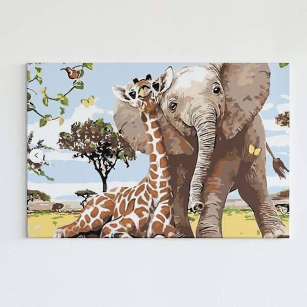 Elephant and Giraffe Paint by Number  - Animals Paint by Number for Adult | DIY Acrylic Painting | Home Decor | African Decor Gift